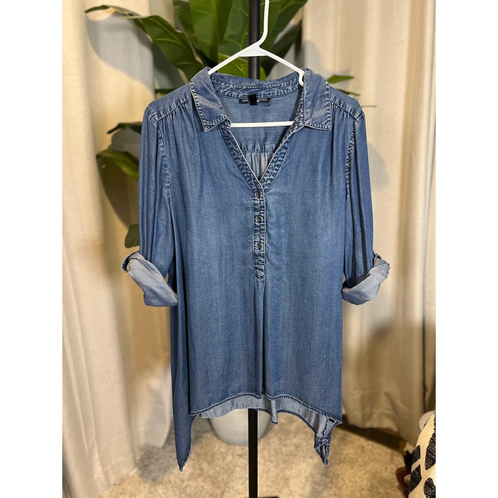 Saks Fifth Avenue Blue Chambray Tunic Top Roll Tab Sharkbite Hem Womens Large
